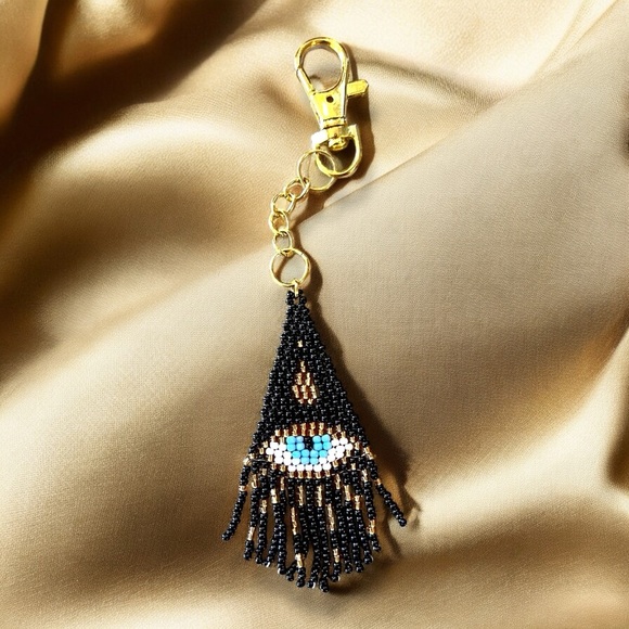 Evil Eye Bag Charm with Hand Beaded Glass Seed Beads and Gold Toned Clasp - Picture 7 of 17